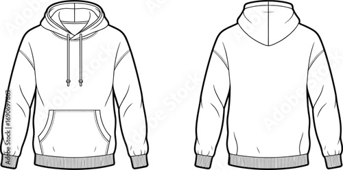 Blank hoodie vector template outline, front and back view sweatshirt mockup with drawstring hood and kangaroo pocket casual apparel fashion clothing design illustration