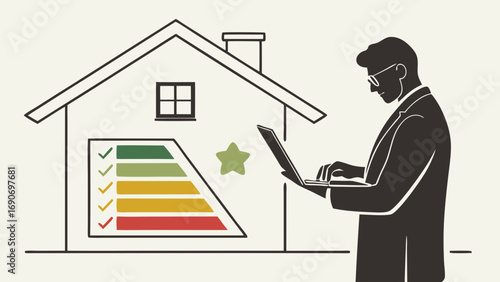 House assessment home inspection property evaluation energy efficiency rating checklist laptop business professional real estate appraisal diagram chart graphic illustration vector modern simple clea.
