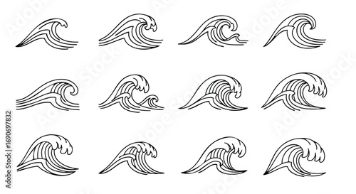A collection of twelve stylized black and white illustrations of ocean waves, each with a unique shape and flow.