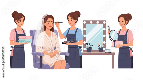 Professional makeup artists applying cosmetics to a woman in a beauty salon preparing for a special occasion or photoshoot