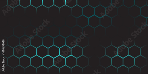 Black background with blue neon hexagon grid. Glowing hex background.