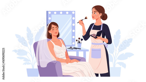 Professional makeup artist applying cosmetics to a smiling woman in a beauty salon with a lighted mirror and plants