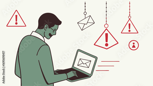 Illustration of Person Receiving Suspicious Email on Laptop Warning Signs Cyber Security Concept.