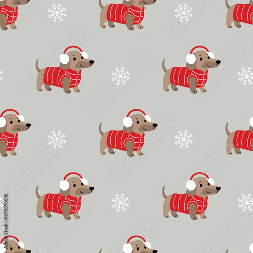 Cute dachshund puppy in winter costume seamless pattern and wallpaper. Christmas holidays background.