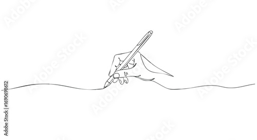 A minimalist continuous line drawing of a hand holding a pen, sketching a single wavy line on a white background.