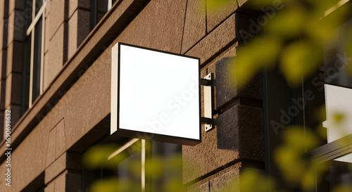 Blank square signage mockup on a brown brick building, perfect for your business branding and advertising needs, showcasing a clean and modern design aesthetic.