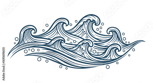 A stylized illustration of powerful ocean waves with foam and bubbles, rendered in a vintage, hand-drawn line art style.