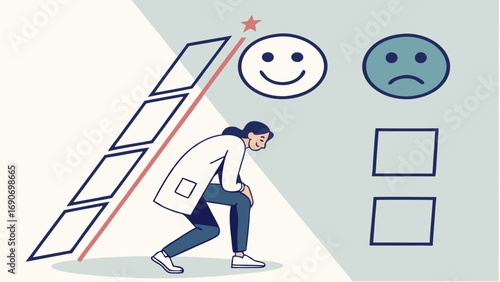 Illustration of Person Striving for Improvement and Achieving Goals with Feedback and Ladder Metaphor.