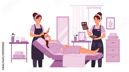 Two professional makeup artists applying cosmetics to a woman lying on a beauty bed in a salon setting