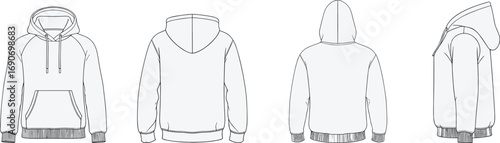 Blank hoodie vector template outline, front back and side views sweatshirt mockup with hood and pocket, unisex casual apparel fashion clothing design illustration