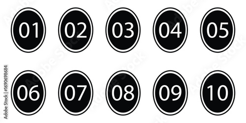 Black dark isolated number 1 to number 10, Vector pinning icon set on modern style. Isolated keypad bullet point set. Navigation play point icon set. Map pin icon sets. EPS 10. 