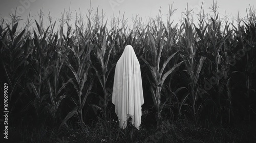 A monochrome image of a ghost standing in a cornfield with tall stalks and a spooky atmosphere