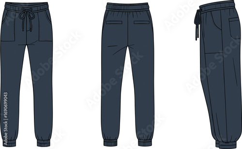 Blank navy jogger pants vector template illustration, front back and side view sweatpants mockup with drawstring waistband unisex casual apparel fashion clothing design