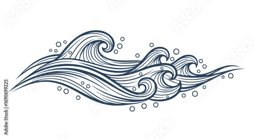 Stylized line art drawing of ocean waves with bubbles.