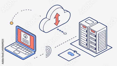 Isometric Illustration of Cloud Computing Data Transfer and Secure Server Access.