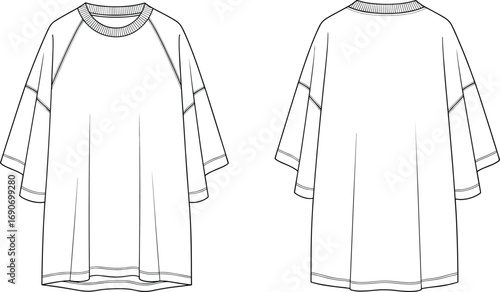 Blank oversized t-shirt vector template outline, front and back view wide sleeve loose fit unisex apparel fashion mockup clothing design illustration