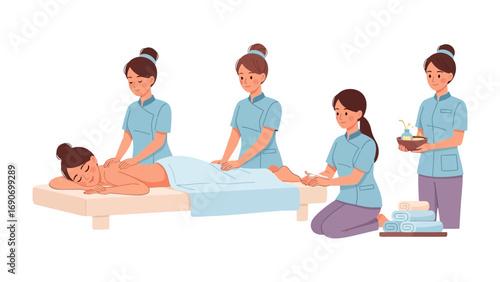 Four women in spa uniforms providing different massage and wellness treatments to a client on a massage table