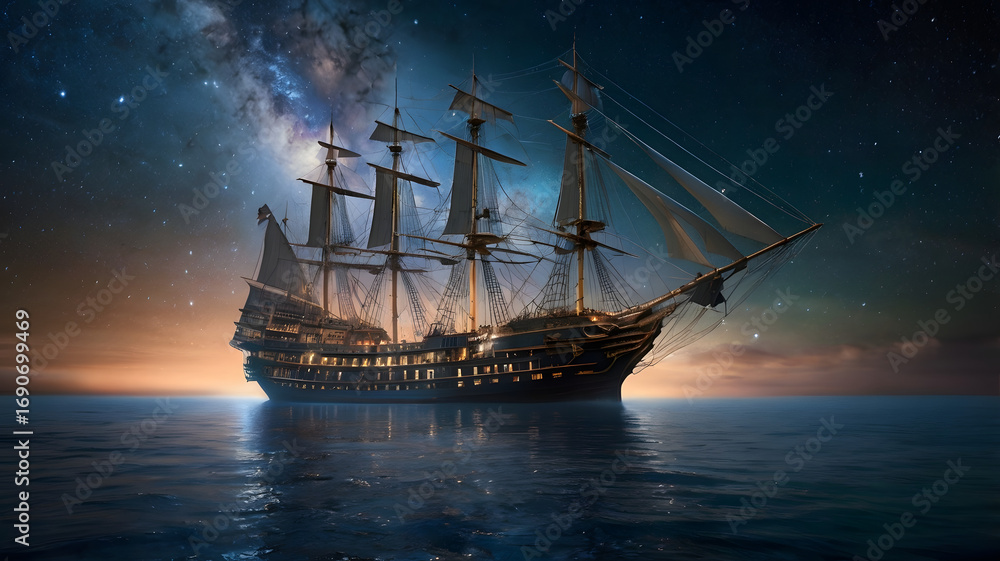 Fototapeta premium An ancient galleon sails through a tranquil sea under a breathtaking, star-filled nebula sky at night