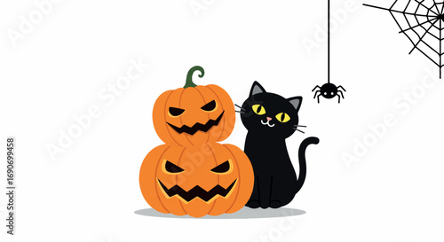 A cheerful black cat peeks from behind two glowing Halloween pumpkins while a friendly spider dangles from a web in this charming flat 2D vector illustration on a white background.
