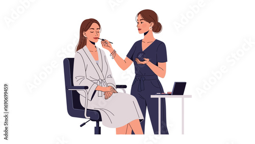 Professional makeup artist applying lipstick to a woman sitting in a chair wearing a white robe and getting ready