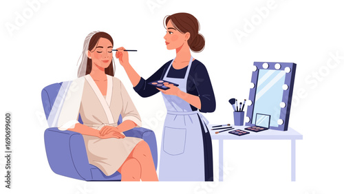 Professional makeup artist applying cosmetics to a woman sitting in a chair with a makeup station and mirror in the background