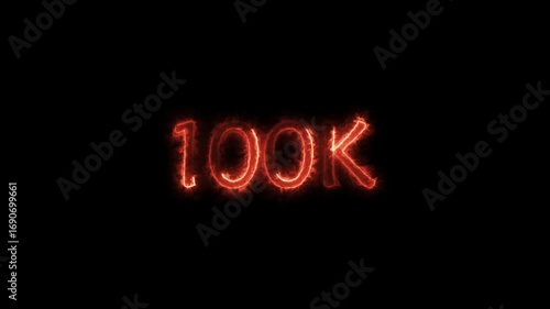 100k celebration neon text animation 4k video. Followers, like, subscribe, 100, thousand, light, 4K video in black background.