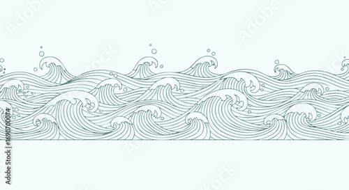 Seamless pattern of stylized ocean waves, detailed line art.