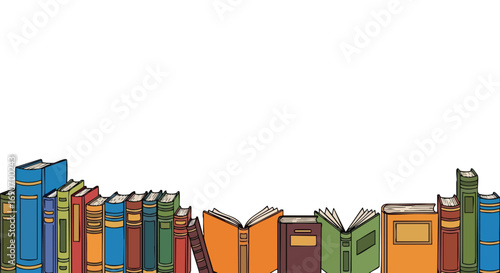 A diverse collection of colorful books arranged on a shelf, some open and some closed, creating a visually appealing display of literature.