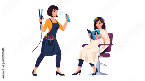 Professional hairstylist with hairdryer and curling iron prepares to style client reading magazine in salon chair