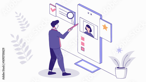 Isometric Illustration of Person Reviewing Profile on Smartphone App.