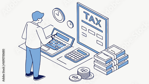 Isometric Illustration of Person Working on Taxes with Laptop Calculator and Stacks of Money.