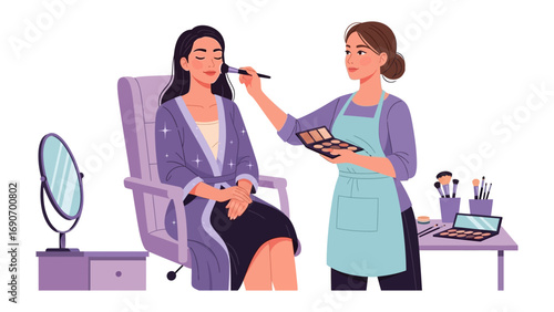 Professional makeup artist applying cosmetics to a client sitting in a chair with a mirror and makeup kit