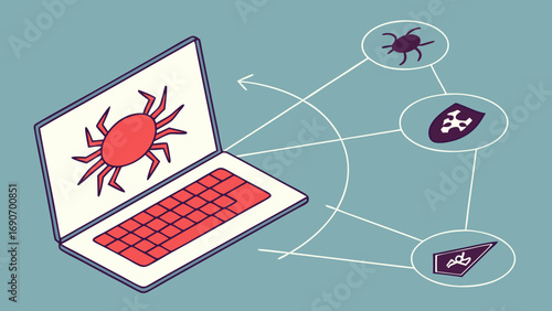 Laptop Computer Virus Attack Security Threat Concept Illustration.