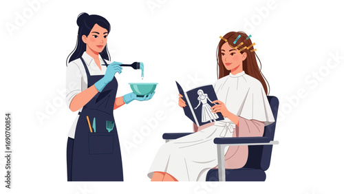 Professional hairstylist preparing hair dye mixture in bowl for client reading magazine in salon chair during treatment