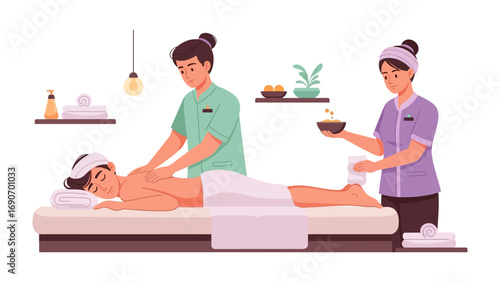 Two skilled therapists provide a relaxing full body massage and facial treatment to a contented client at a serene spa