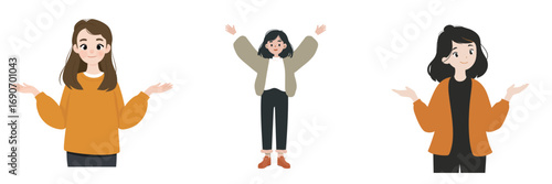 Three women showcase varying expressions in a cheerful setting. Each woman uses open hands and different clothing styles to convey positivity and engagement.