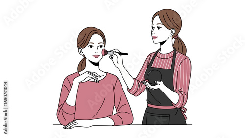 Young woman applying makeup to another woman s face with a brush in a beauty salon or home setting