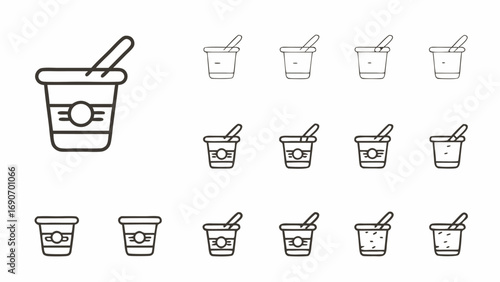 A collection of yogurt cup icons with varying details and spoon placement in a minimalist style design