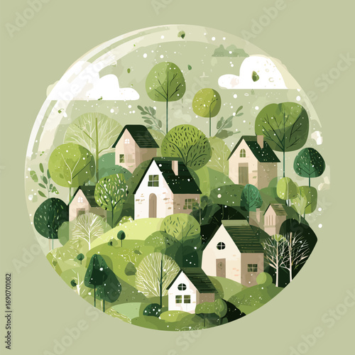 A picturesque hillside village features cozy houses nestled among lush greenery and tall trees. The peaceful atmosphere is perfect for relaxation and enjoying natures beauty.