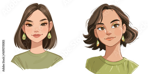 Two stylish illustrations portray young women with short bob hairstyles and green shirts. Their looks are complemented by chic accessories, showcasing a contemporary fashion sense.