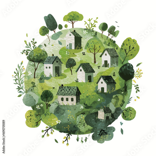 Small houses are scattered throughout a vibrant green area filled with various shades of trees and foliage. This peaceful village showcases a harmonious blend of nature and architecture.