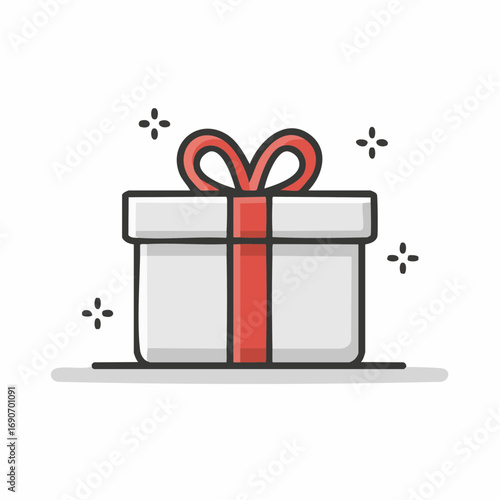Simple vector icon illustration of a sparkling white gift box with a red ribbon bow. A festive present for birthdays, holidays, and celebrations