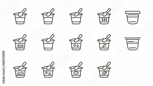 Illustration of fifteen yogurt containers with spoons in various designs on a white background display