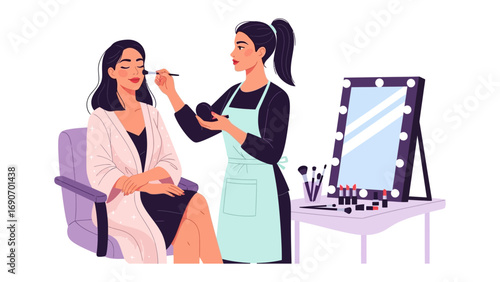 Professional makeup artist applying cosmetic makeup to a young woman s face in a beauty salon with a lighted mirror
