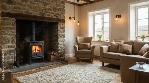 Wallpaper Mural Cozy living room with stone fireplace and warm ambiance Torontodigital.ca