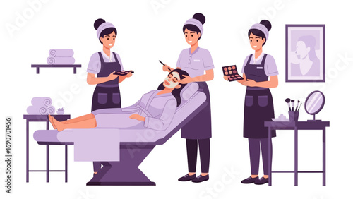 Beauty salon professionals applying makeup to a client lying down in a spa treatment chair with various beauty products and equipment