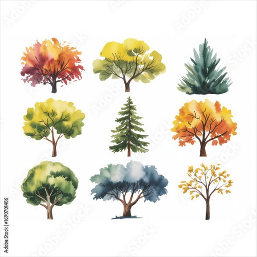 Flat green trees vector illustration set