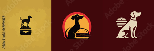 Three unique illustrations showcasing dogs in playful designs, each with a burger integration. The colors create a vibrant and fun atmosphere, promoting companionship and joy.