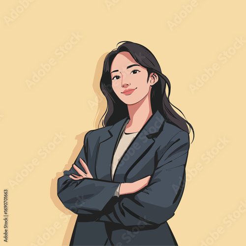 A young woman in a dark blazer stands confidently with her arms crossed. Her long hair frames her face as she maintains a calm and assured expression. The bright yellow backdrop adds vibrancy.