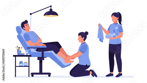 Professional podiatrist examining and treating patient s foot while nurse assists with tools and towel in a clean medical clinic setting